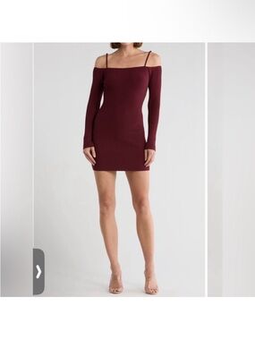 Good American Stretch Rib Knit Off-Shoulder Mini Dress in Oxblood/Burgundy